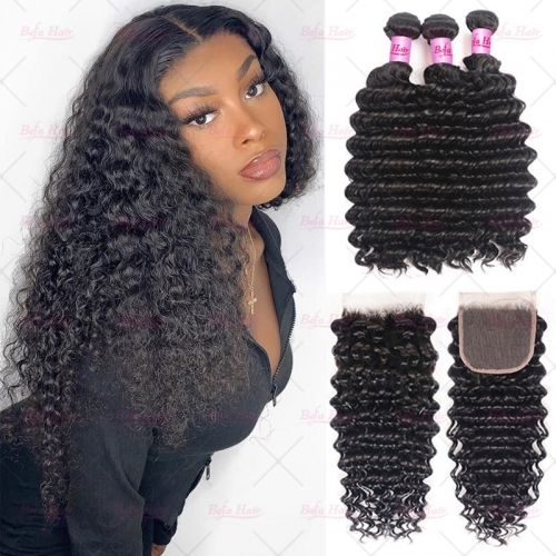 Wholesale Pre-plucked 3 Bundles Brazilian Deep Wave Hair With 6x6 Lace Closure,can do dropshipping
