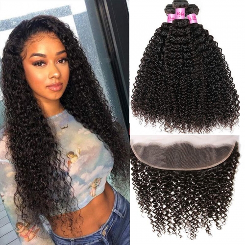 Wholesale Brazilian 13''x4'' Lace Frontal Closure With 3Bundles Kinky Curly Hair,can do dropshipping