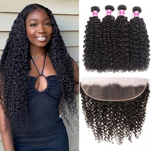 Wholesale Pre-plucked 4 Bundles Brazilian Deep Curly Hair With 13x4 Lace Frontal