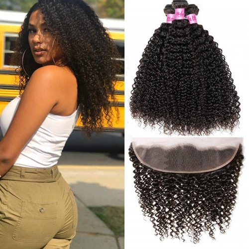 Wholesale  Brazilian 13''x6'' Lace Frontal Closure With 3Bundles Kinky Curly Hair,can do dropshipping