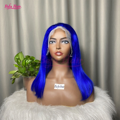 Wholesale Short Bob Wigs Blue Color Pre-Plucked Straight 13x4 Lace Frontal Wigs Human Hair 150% Density Wig