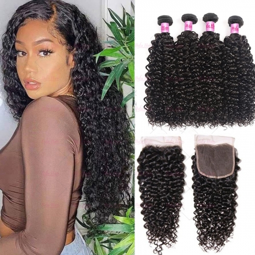 Wholesale  Pre-plucked 4 Bundles Brazilian Deep Curly Hair With 4x4 Lace Closure,can do dropshipping