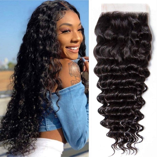 Wholesale 4x4 Unprocessed Virgin Human Hair Deep Wave Transparent Lace Closure,can do dropshipping