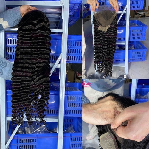 Wholesale Deep Wave 13*4 HD Frontal Natural Black 200% Density Virgin Human Hair With Baby Hair Wigs