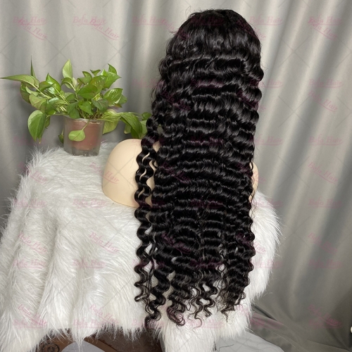 Wholesale Deep Wave 4x4 Lace Closure Pre Plucked 200% Density Natural Black Virgin Human Hair Wigs