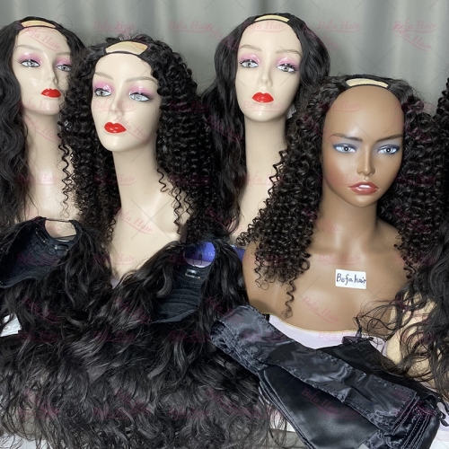 Wholesale U Part Human Hair Wigs Brazilian Virgin Deep Wave 180 Density Pre Plucked Glueless Middle Part Wig