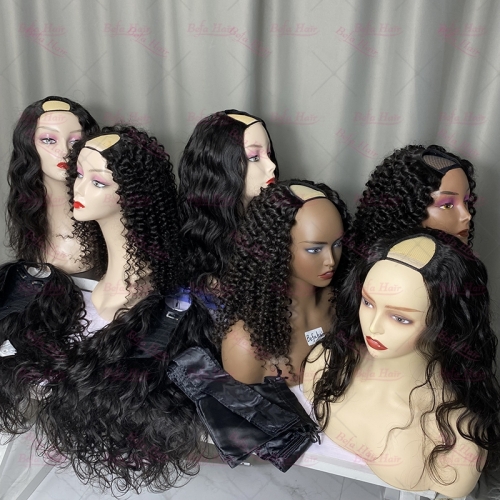 Wholesale U Part Human Hair Wigs Brazilian Virgin Kinky Curly 180 Density Pre Plucked Glueless Middle Part Wig