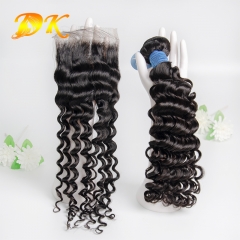 Deep Wave Hair Weaving With HD Transparent Lace Closure Deluxe Virgin Human Hair