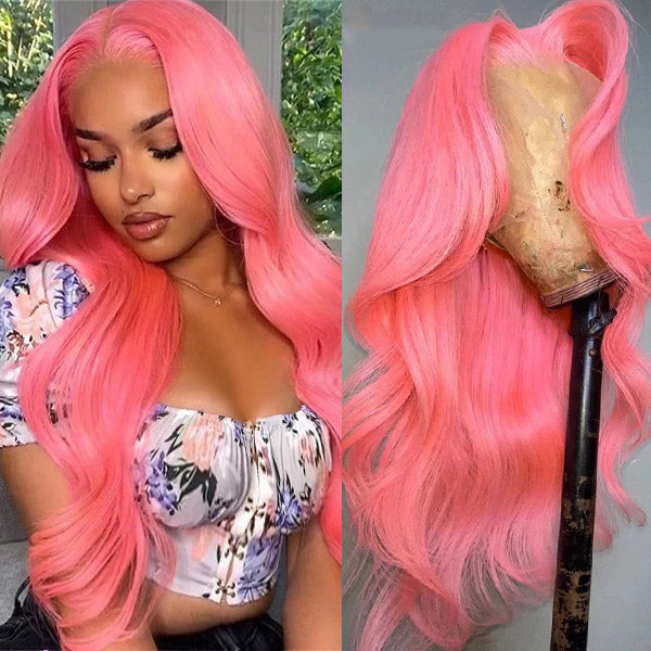 Pink Lace Front Wigs Body Wave Straight Colored Wigs 180% Density Transparent Human Hair Wigs With Natural Hairline