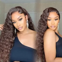 Color #4 Curly Wavy Lace Front Wigs Body Wave/Straight/French Wave/Deep Curly Chocolate Brown 13x4 Transparent Lace Frontal Wigs