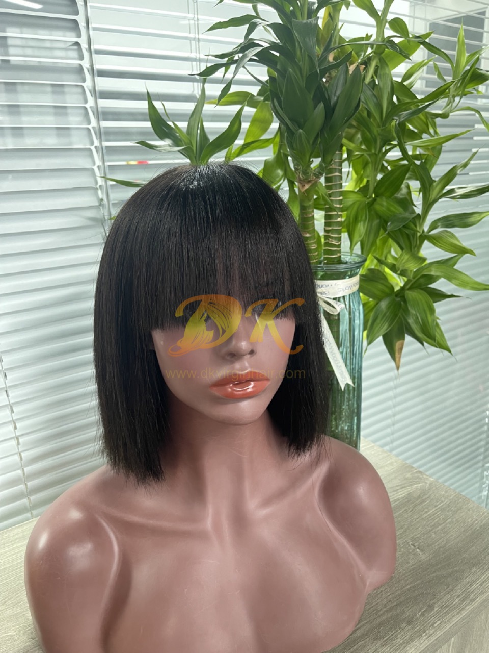 Put On and Go Realistic Glueless Yaki Straight Bob with Bangs Minimalist Lace Wig 100% Human Hair