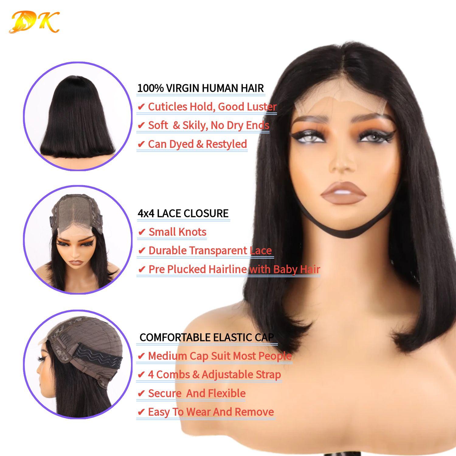 Straight 4x4 Transparent Lace Bob Wig 100% Virgin Human Hair 180% Density