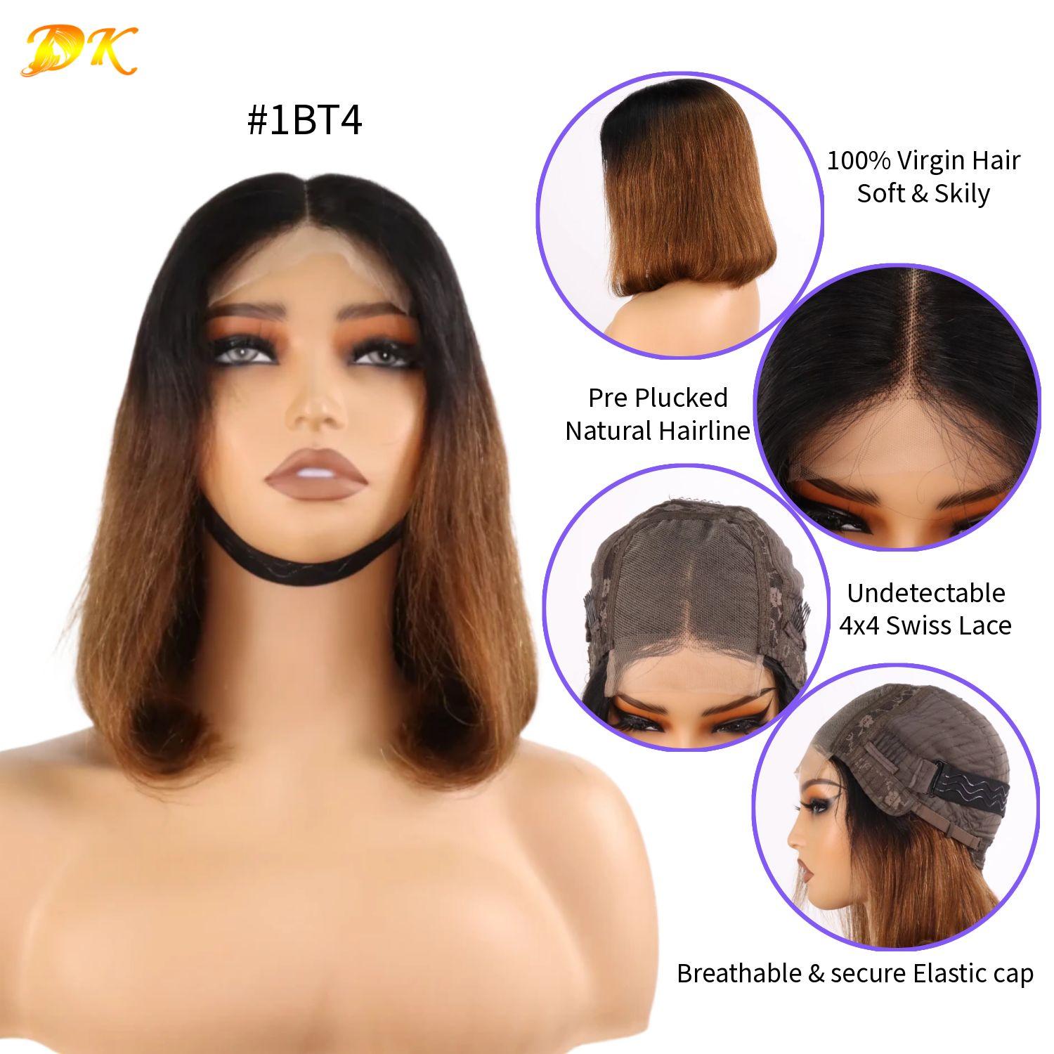 Peruca reta 4x4 transparente com renda colorida Bob 100% cabelo humano virgem densidade 180%