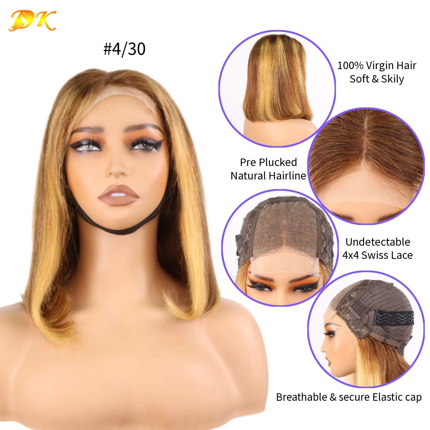 Straight 4x4 Transparent Lace Piano Colored Bob Wig 100% Virgin Human Hair 180% Density