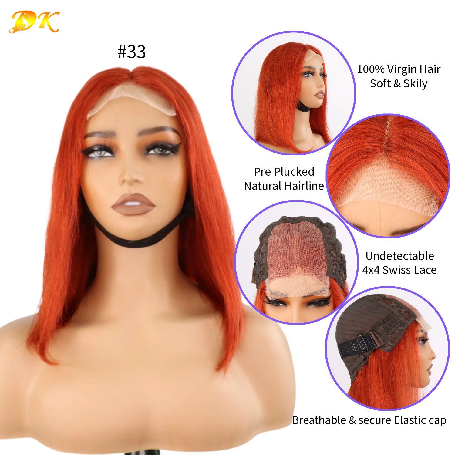 Peruca reta 4x4 transparente com renda colorida Bob 100% cabelo humano virgem densidade 180%