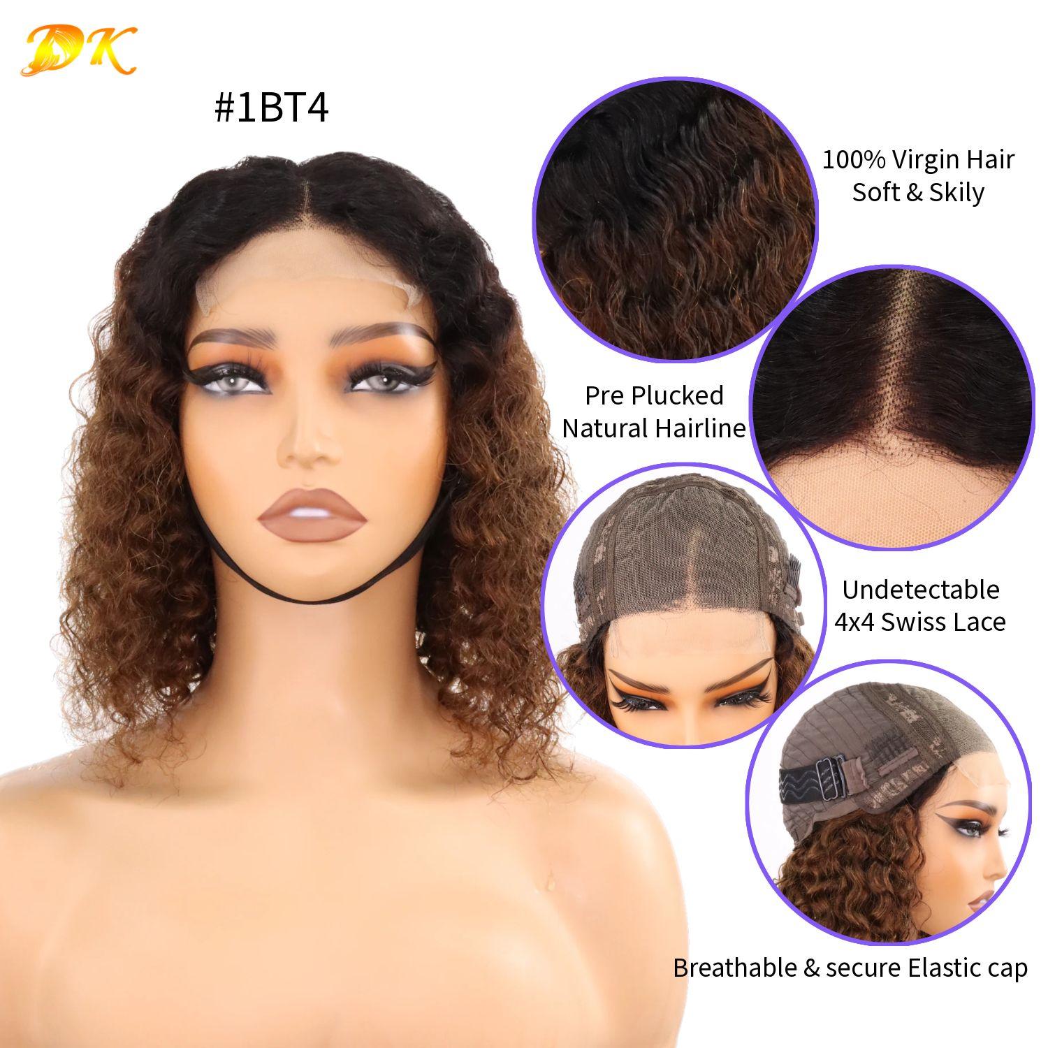 100% Virgin Human Hair Water Wave 4x4 Transparent Lace Bob Wig Ombre Color 180% Density