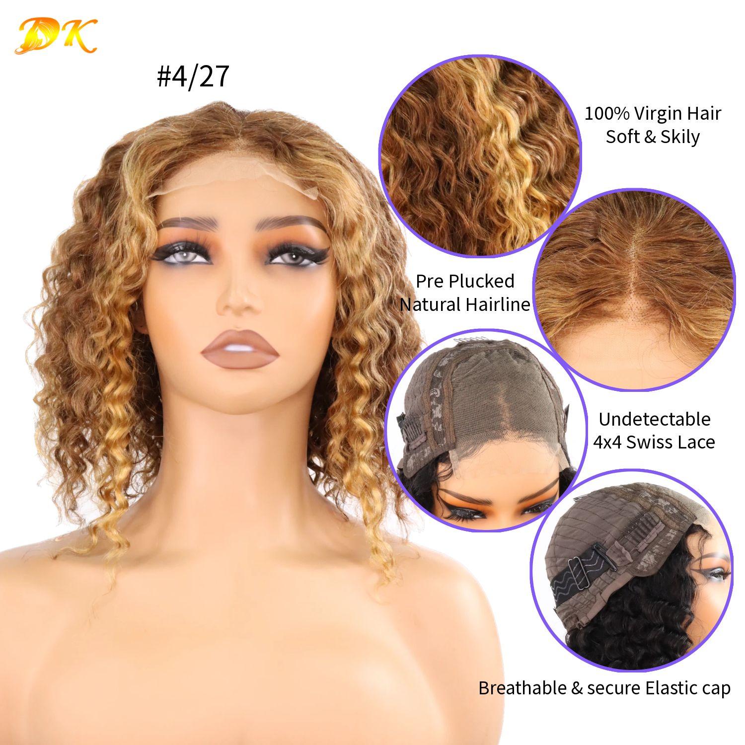 100% Virgin Human Hair Piano Color Water Wave 4x4 Transparent Lace Bob Wig 180% Density