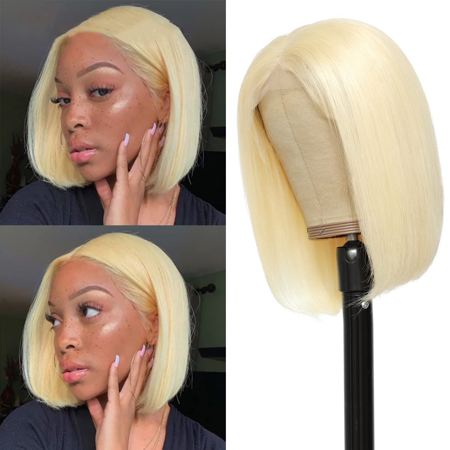 613 Blonde Color Straight 4x4 Transparent Lace Bob Wig 100% Virgin Human Hair 180% Density
