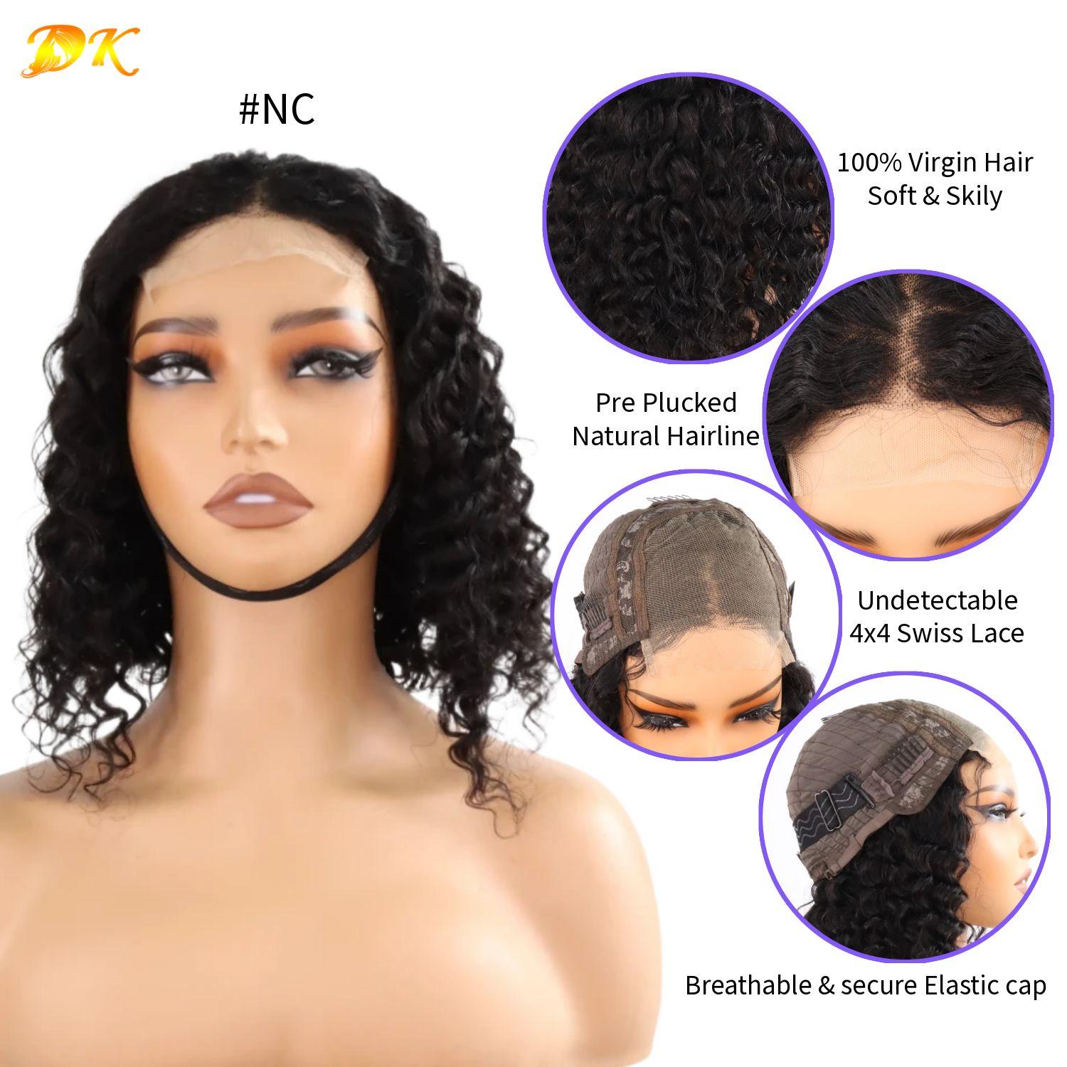 Peruca 100% virgem, cabelo humano, ondulado, 4x4, transparente, cor natural, densidade 180%