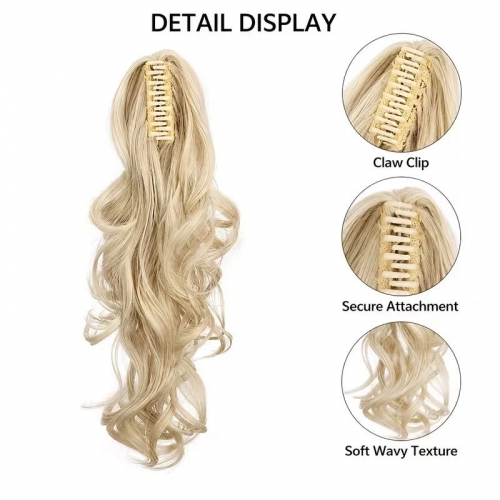 Synthetic Long Layered Wavy Ponytail Hair Extension Claw Clip Blonde Fake Hairpiece for Women Daily