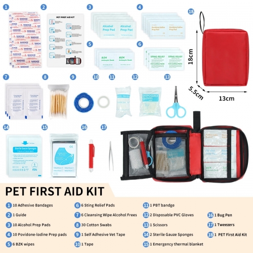 Kit de primeiros socorros para animais de estimação, kit portátil de sobrevivência para emergências para cães e gatos, conjunto de suprimentos médicos para tratamento de feridas em viagens ao ar livre.