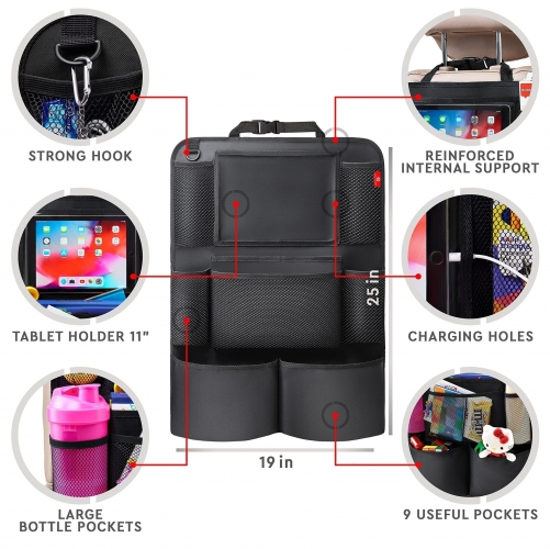Rücksitz-Organizer mit Trittschutzmatte (65×45 cm), Tablet-Halterung aus Oxford-Gewebe und Aufbewahrungstaschen für Kinder auf Reisen.