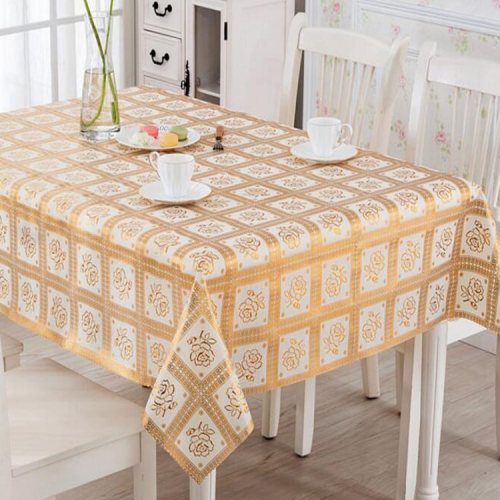 137cm PVC lace crochet table cloth with gold on the rolls