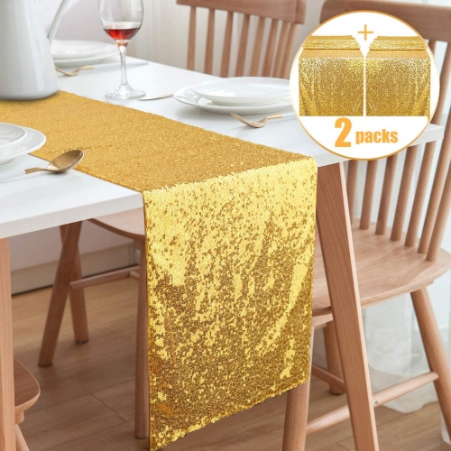 SoarDream Sequin Table Runner Gold Glitter Table Runners 2 Pack 12x72 inch for Birthday Wedding Decor Party Supplies Decorations Bachelorette Holiday 