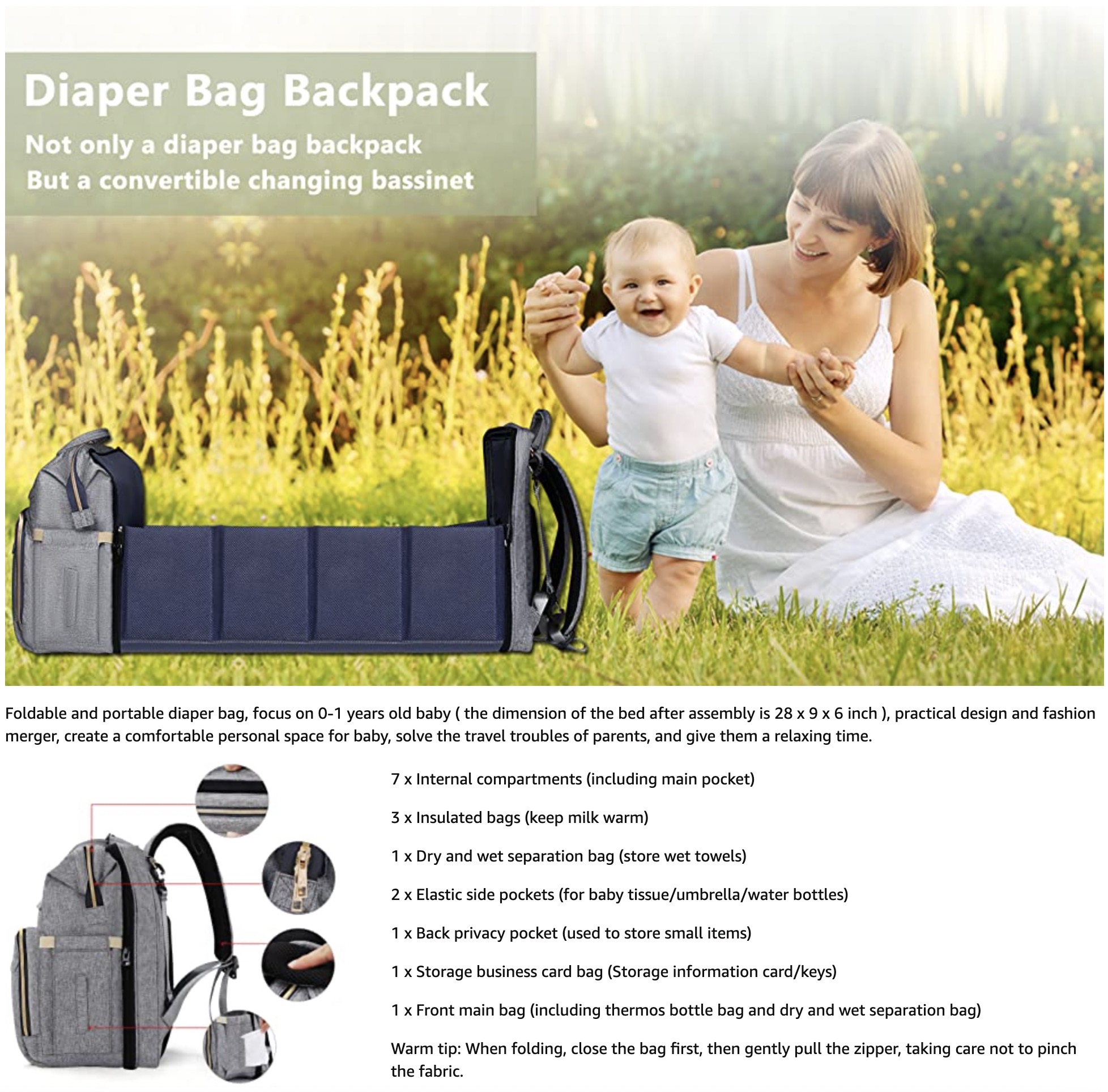 Baby Portable Bed Diaper Bag Backpack Bassinet with Stroller