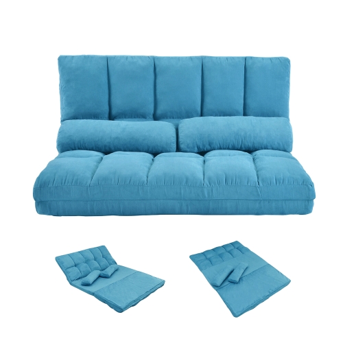 QueenDream Sofa Couch Bed Floor Double Chaise Folding Lounge Lazy Sofa Floor Loveseat with Two Pillows for Living Room Furniture Set Soft Fabric Blue