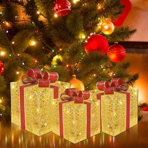 SoarDream Set of 3 Christmas Lighted Gift Boxes Decorations, Gold Lighted Boxes with Red Bows, Christmas Light Up Christmas Tree Skirt Ornament for In