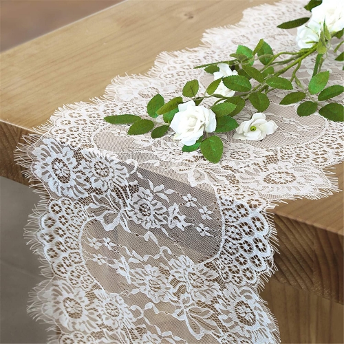 SoarDream 14"x120" Vintage White Lace Table Runner Overlay Exquisite Lace Fabric with Rose Embroidered Floral Table Runners