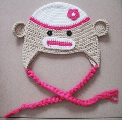 Hand-Knit Baby Girl Floral Monkey Trapper Hat