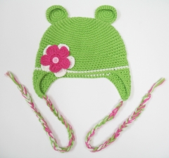 Hand-Knit Bear-Eared Baby Girl Floral Trapper Hat