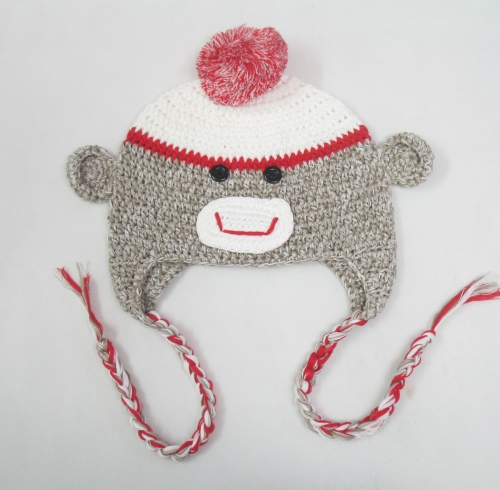 Hand-Knit Baby Pom-Pom Monkey Trapper Hat