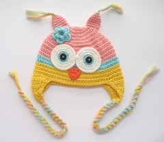 Hand-Knit Baby Girl Floral Owl Trapper Hat