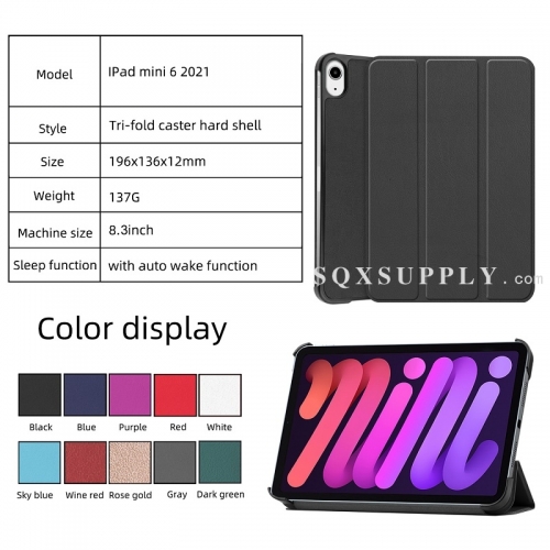 For iPad Mini 6 (2021) Tri-fold Caster Hard Shell Cover with Auto Wake Function