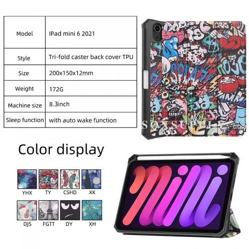 For iPad Mini 6 (2021) Tri-fold Caster TPU Cover Built-in S Pen Holder with Auto Wake Function - Painted Style
