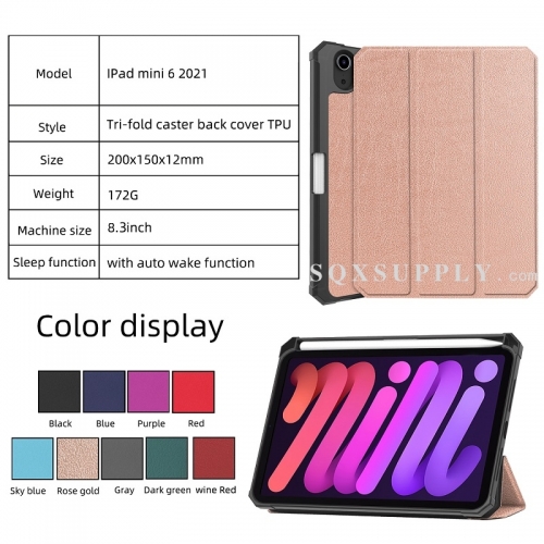 For iPad Mini 6 (2021) Tri-fold Caster TPU Cover Built-in S Pen Holder with Auto Wake Function