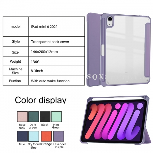 For iPad Mini 6 (2021) Tri-fold Transparent TPU Cover Built-in S Pen Holder with Auto Wake Function