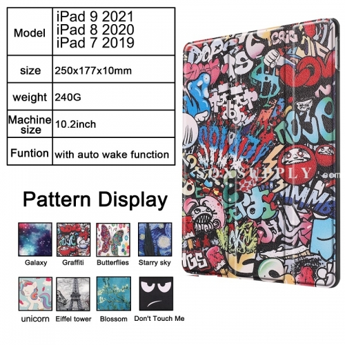 For iPad 7/8/9 (2019-2021) 10.2-inch Tri-fold Caster Hard Shell Cover with Auto Wake Function - Painted Style
