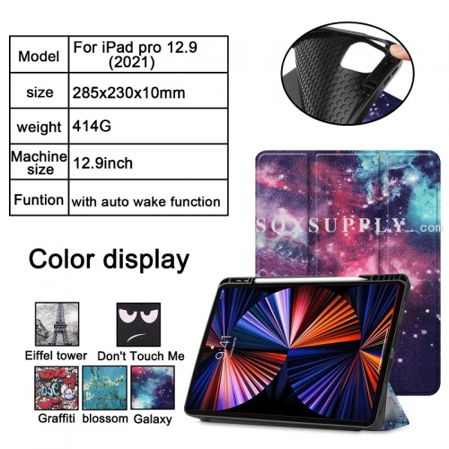 For iPad Pro 12.9-inch 5th Gen (2021) Tri-fold Caster TPU Cover Built-in S Pen Holder with Auto Wake Function - Painted Style