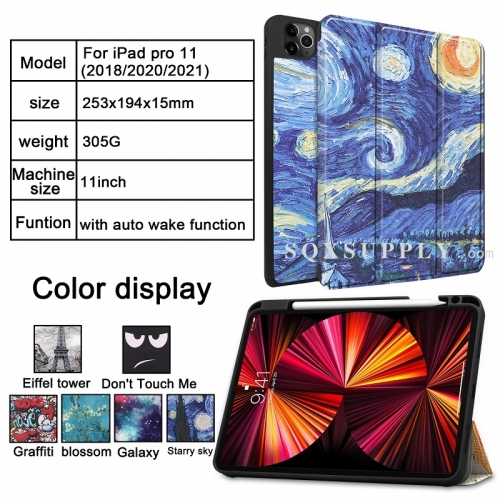 For iPad Pro 11-inch 1/2/3 Gen (2018-2021) Tri-fold Caster TPU Cover Built-in S Pen Holder with Auto Wake Function - Painted Style