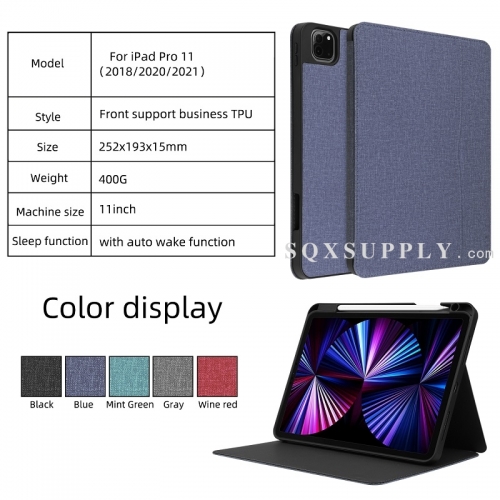 For iPad Pro 11-inch 1/2/3 Gen (2018-2021) Cloth Bussiness Style TPU Cover with Front Support Bracket Built-in S pen Holder with Auto Wake Function