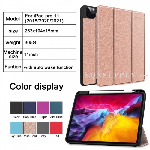 For iPad Pro 11-inch 1/2/3 Gen (2018-2021) Tri-fold Caster TPU Cover Built-in S Pen Holder with Auto Wake Function