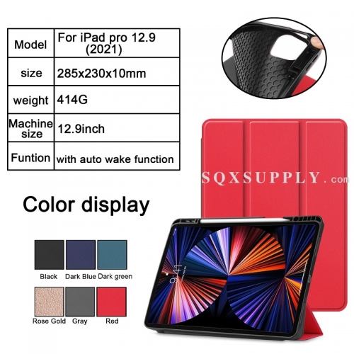 For iPad Pro 12.9-inch 5th Gen (2021) Tri-fold Caster TPU Cover Built-in S Pen Holder with Auto Wake Function