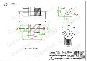 SSMA Female Vertical PCB Mount Connector, Thru-Hole Straight RF Terminal, 50 Ω, 18GHz