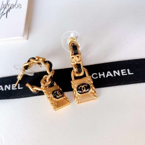 Chanel Fashion Black Leather Small Hoop Lock Earring Costume Jewelery