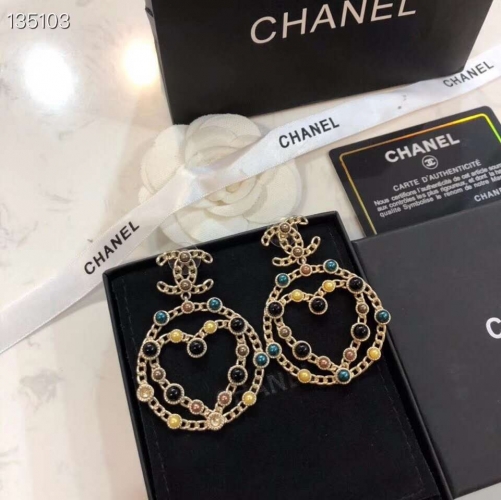 Chanel Colorful Stone Hollow Out Heart Earing Fashion Costume Jewelry