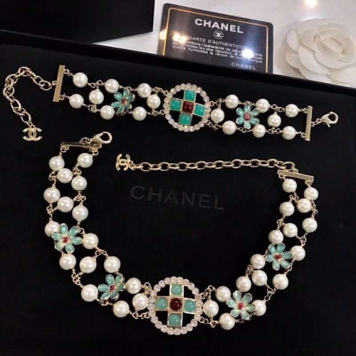Chanel Blue White Enamel Flower 2 Strands Pearl Choker Bracelet Set Fashion Costume Jewelry